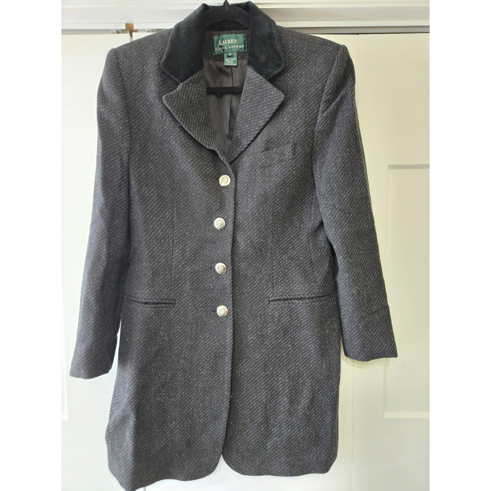 Lauren Ralph Lauren Womens Grey Herringbone Blazer Coat Velvet Collar 6 Wool